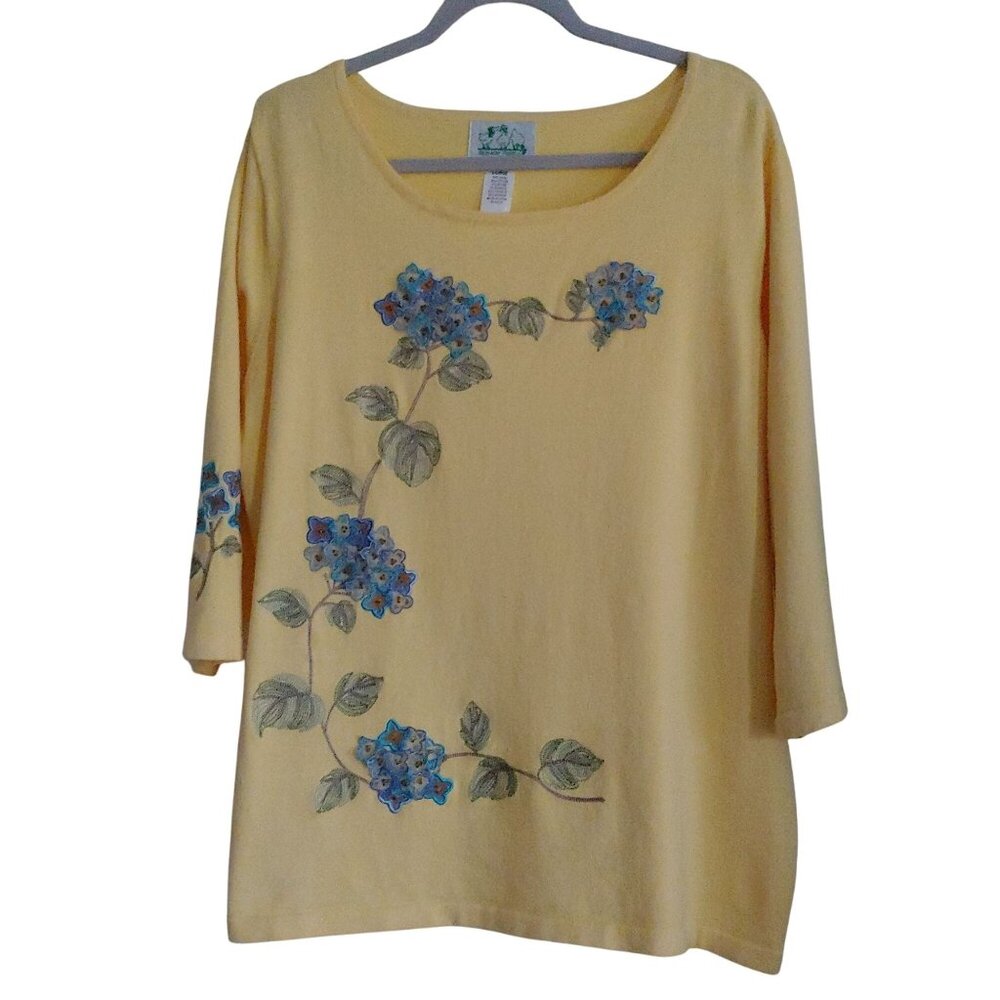 Quacker Factory Butter Yellow 3D Floral Artsy Hydrangea Feminine Casual Shirt XL